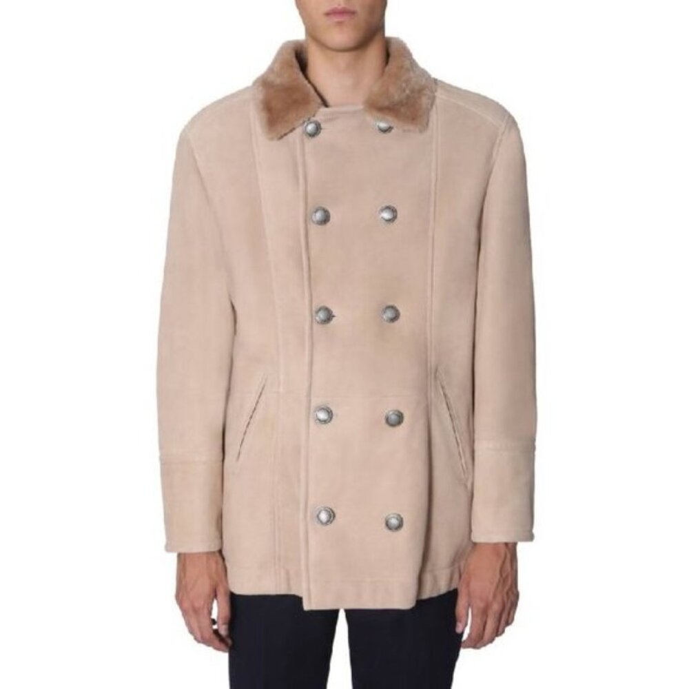 Brunello Cucinelli F/19 Beige Lightweight Straight Hair Shearling Pea Coat